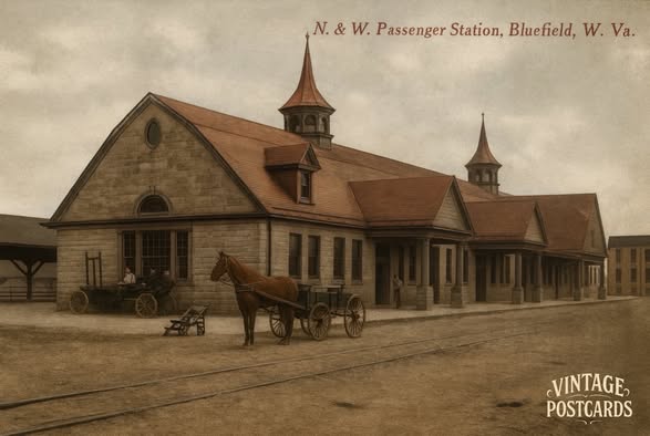 Supplied vintage postcard image of a Bluefield railroad station